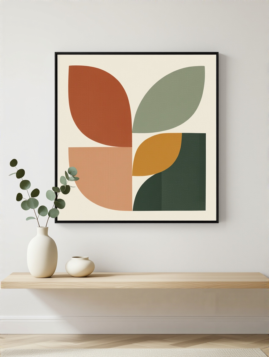 Modern kitchen interior showcasing a large abstract art piece on a pristine wall with a minimalist floating shelf and ceramic decor, highlighting personalization.