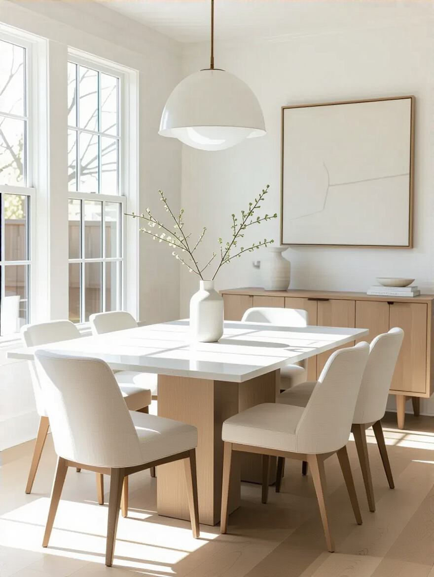 White dining room showcasing durable, easy-to-clean materials like quartz table and performance fabric chairs