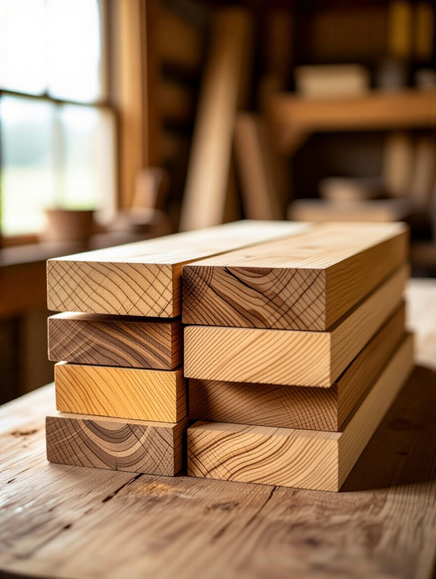 Image showcasing richly textured, durable wood planks, such as White Oak or Maple, destined for a long-lasting farmhouse dining table, emphasizing wood grain.