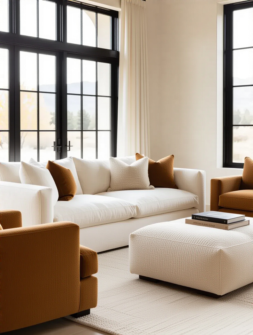 A sophisticated living room with an ivory linen sofa, a caramel bouclé armchair, and a sand-colored textured ottoman, showcasing varied beige foundation furniture for depth and elegance.