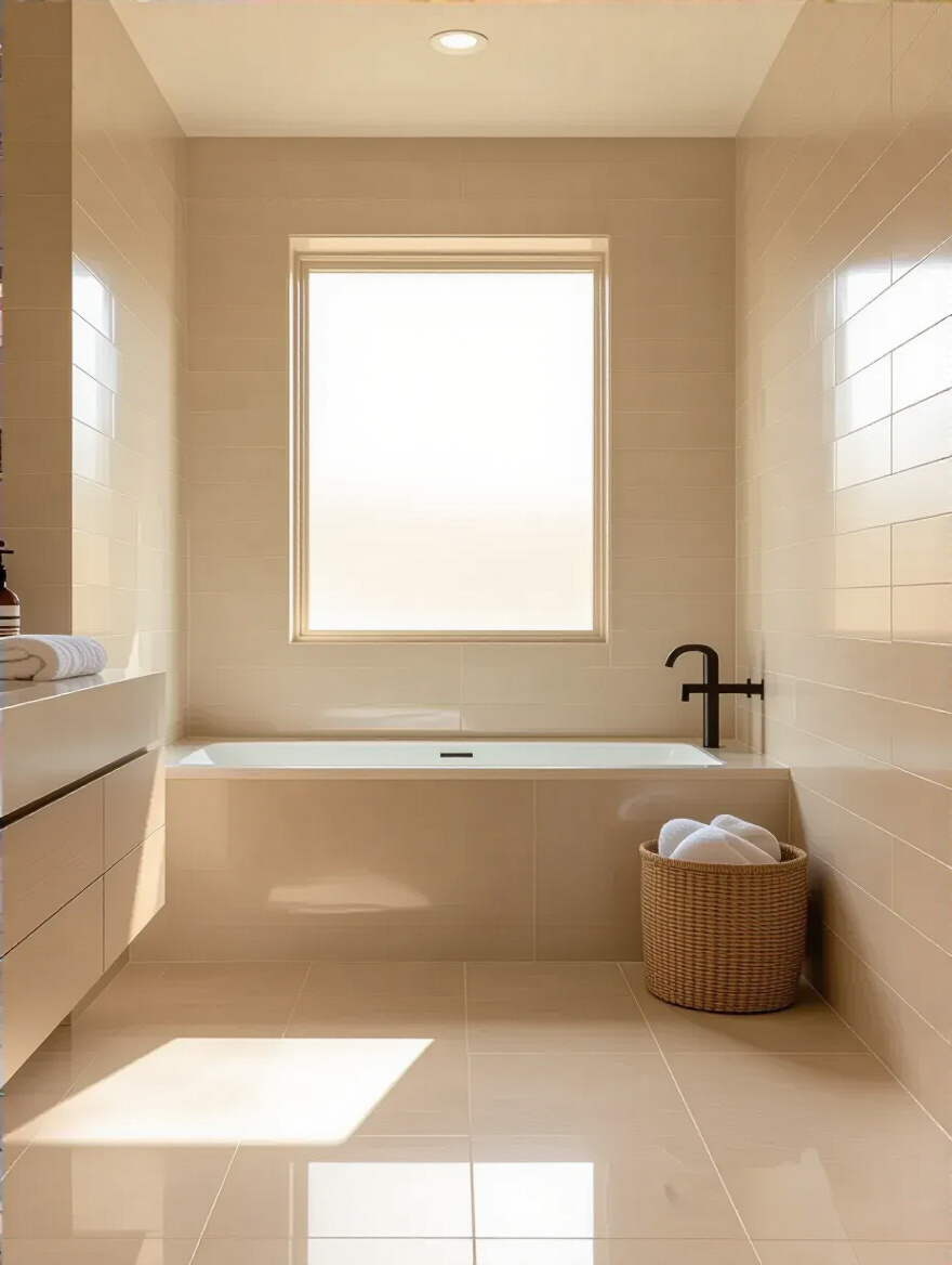 Serene bathroom with harmonious beige subway wall tiles and polished beige floor tiles, creating a unified look.