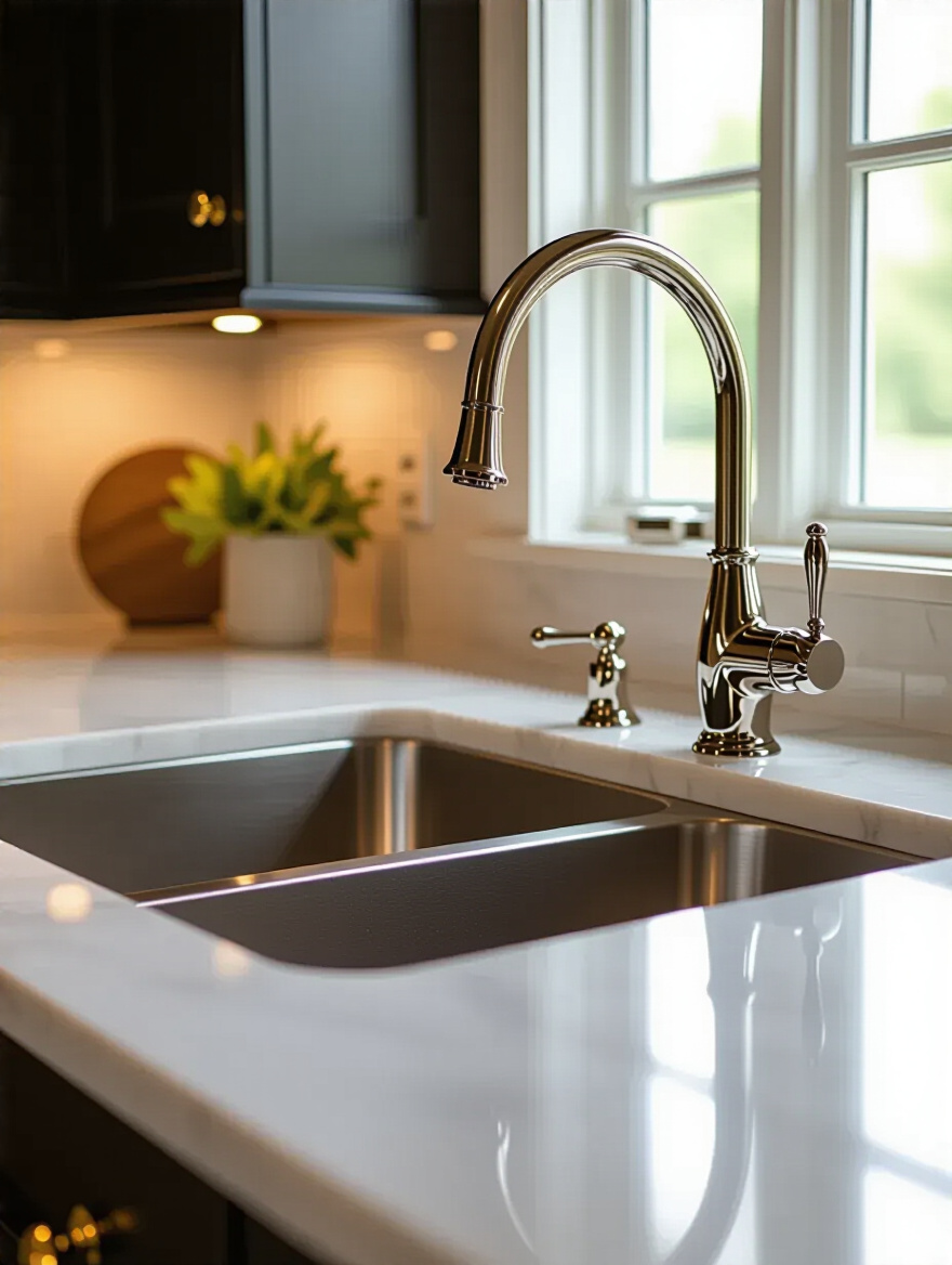 Elegant polished nickel bridge faucet and brass cabinet knob in a modern luxury kitchen, showcasing high-end kitchen fixtures and hardware for tactile luxury.