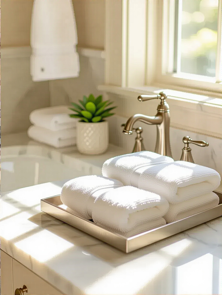 Luxe powder room with plush white towels on a tray