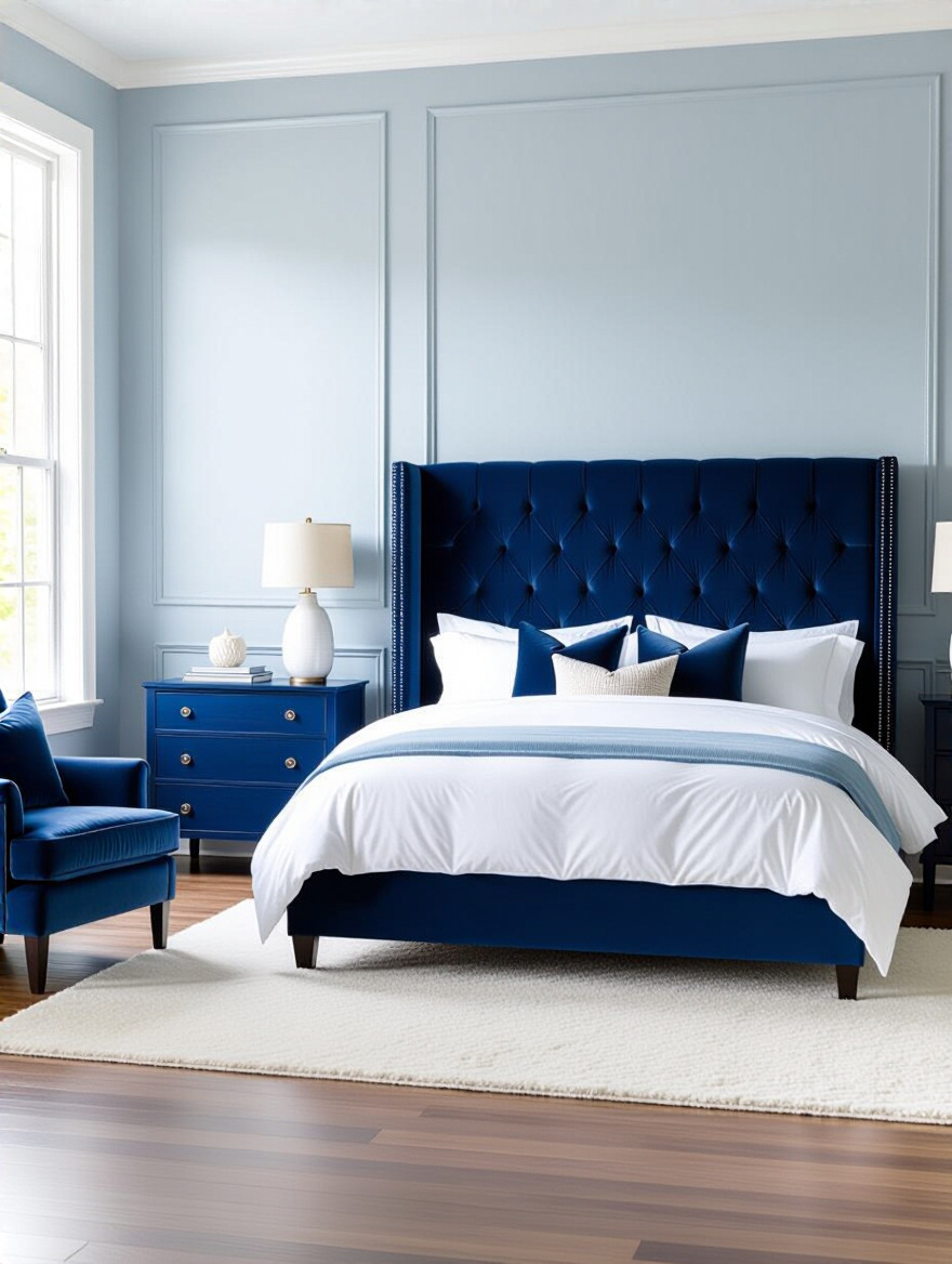 Blue velvet bed frame with indigo dresser and sky-blue chair anchoring a serene bedroom