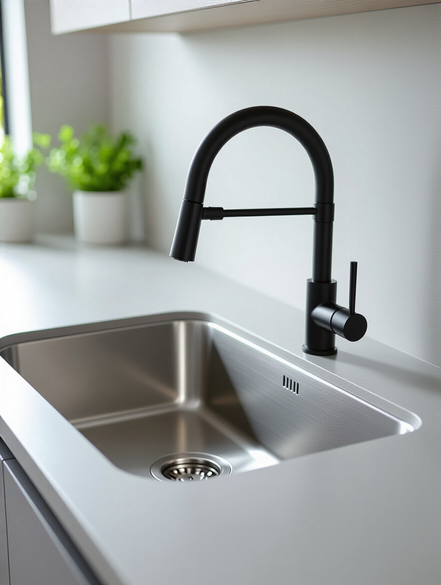 Close-up of a modern kitchen with a matte black single-handle pull-down faucet and a large stainless steel undermount sink, showcasing minimalist and ergonomic design.