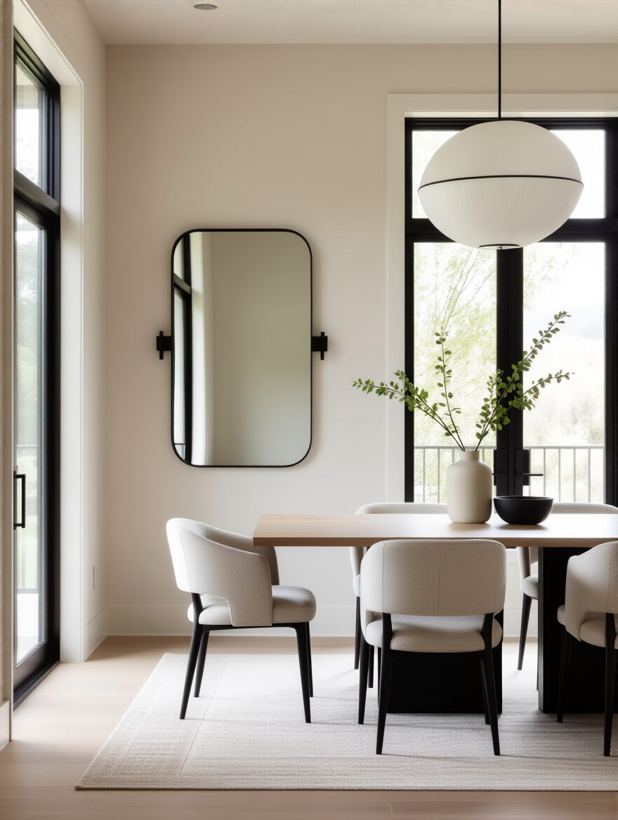 Modern dining room with oversized mirror reflecting natural light