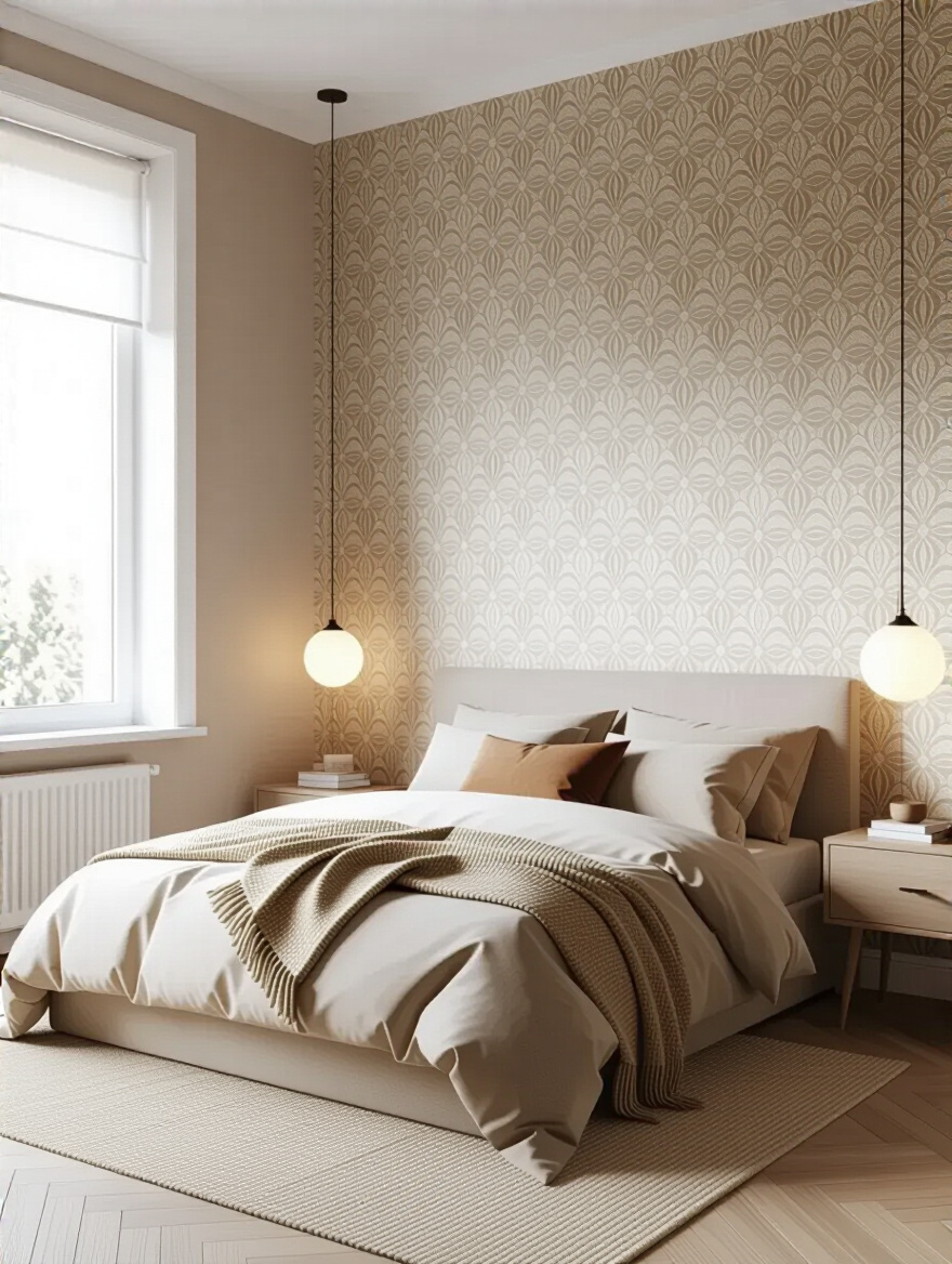 Portrait bedroom with feature wallpaper showing scale-friendly pattern