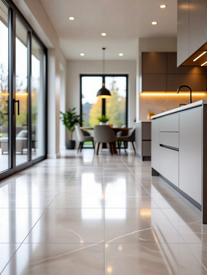 Modern luxury kitchen with seamless large-format grey porcelain tile flooring, showcasing elegant design and spacious feel.