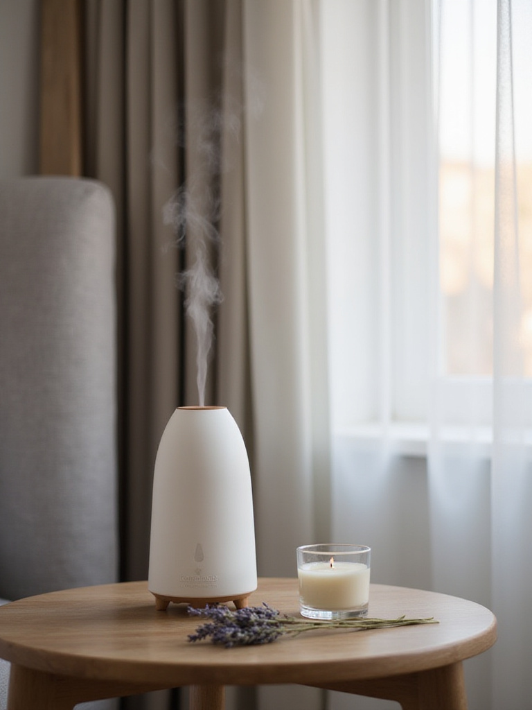Modern bedroom nightstand featuring a sleek essential oil diffuser, a minimalist scented candle, and dried lavender, set against a calming, neutral color palette to illustrate selecting scented elements for an elevated sensory experience.