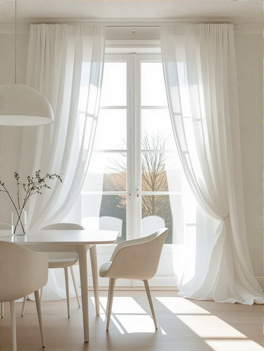 A minimalist white dining room with elegant, floor-to-ceiling sheer linen drapery gently flowing by a large window, adding softness and texture.