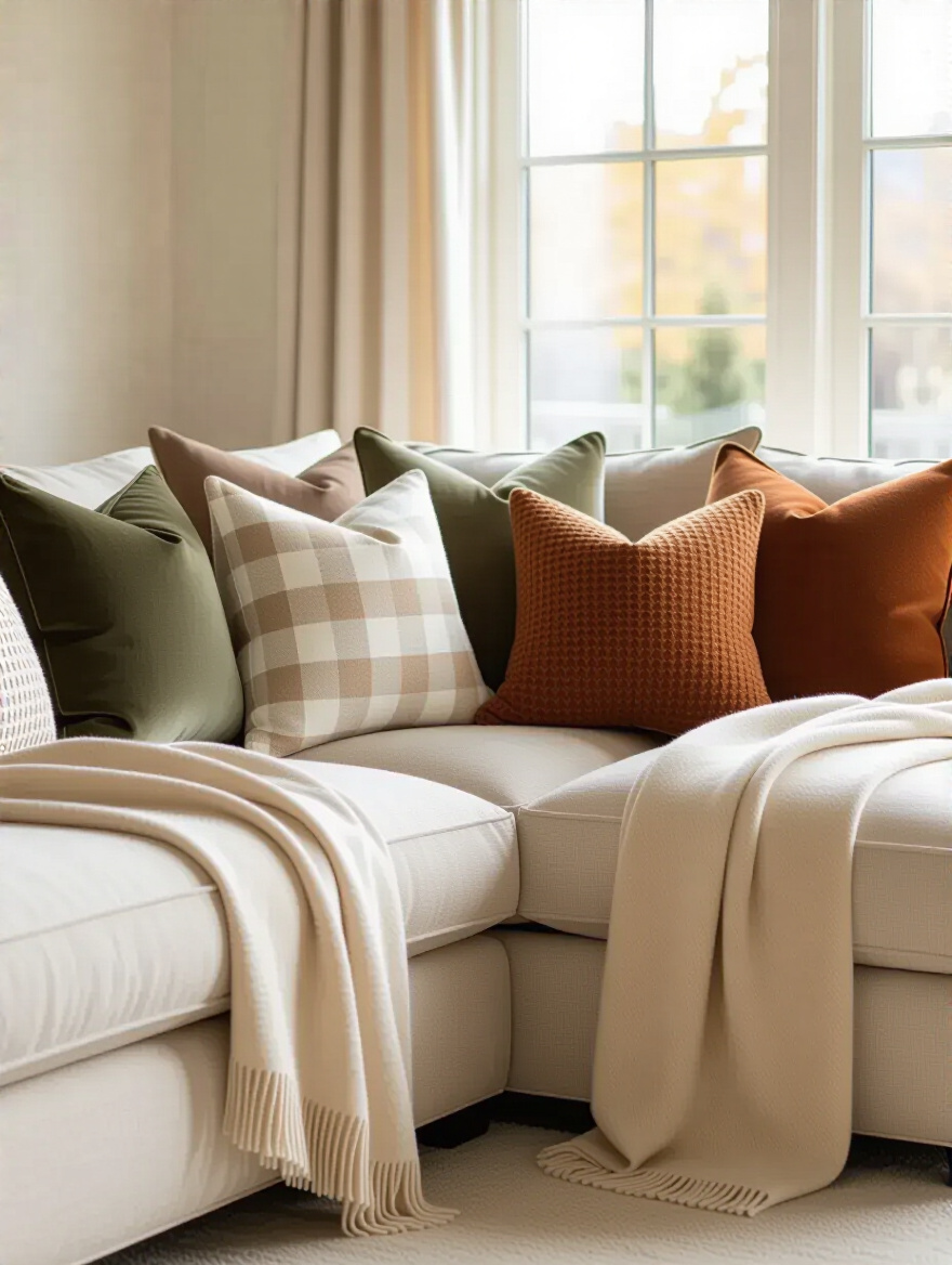 A stylish beige living room scene, featuring a sofa adorned with an assortment of patterned and textured statement pillows in complementary shades of deep sage, terracotta, and cream, along with a plush knit throw draped over the armrest, creating depth and visual interest.
