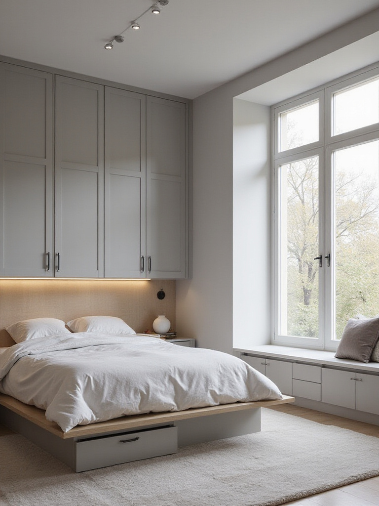 A modern bedroom featuring white, seamless built-in cabinetry and a platform bed with integrated drawers, showcasing streamlined storage solutions to minimize clutter. The room is tidy, with a neutral color palette and soft natural light, reflecting a serene and organized aesthetic.