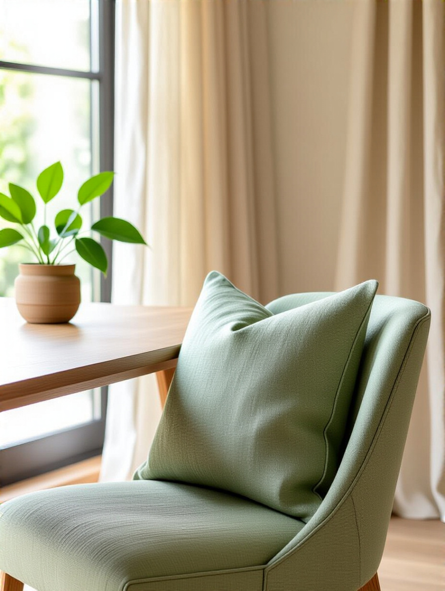 Elegant green dining room featuring a dining chair upholstered in organic linen and windows with hemp curtains, highlighting sustainable textiles.