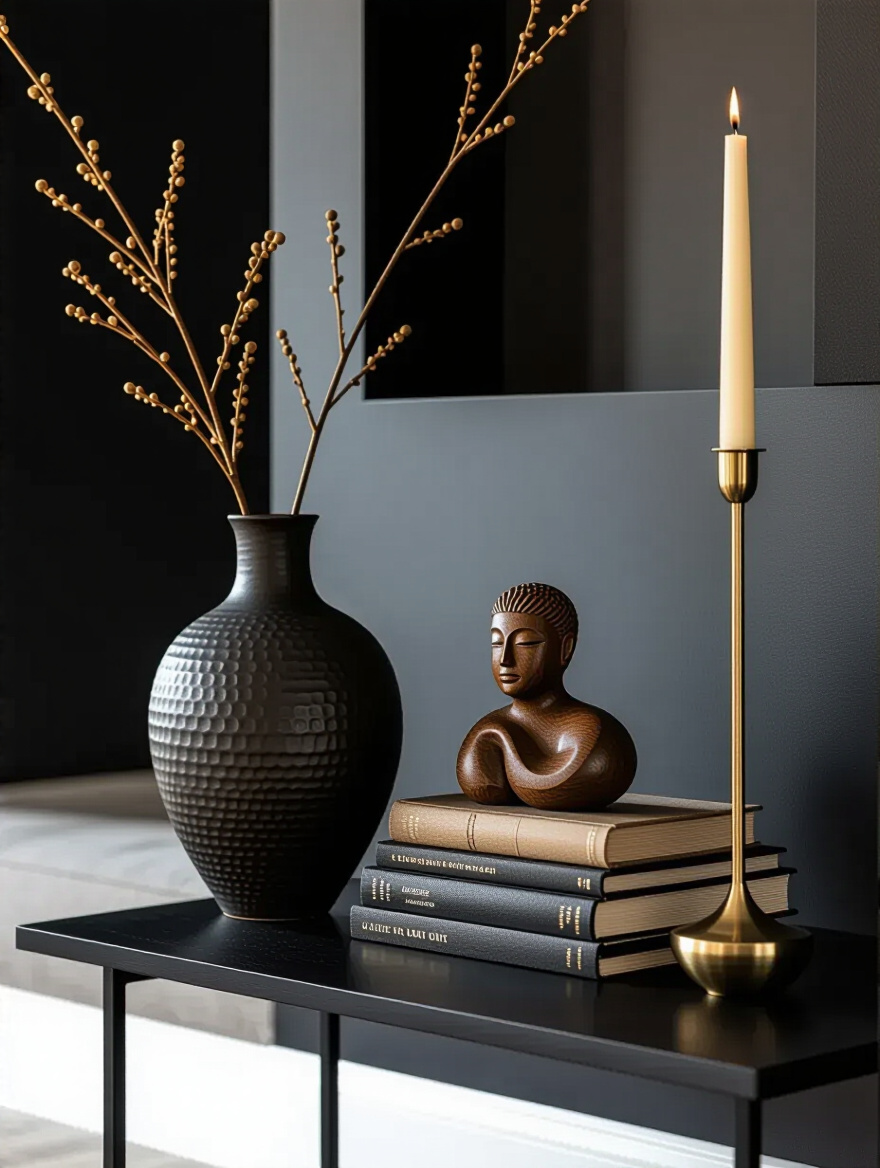 A close-up, portrait shot of curated decorative accessories on a black console table in a black living room, featuring a textured ceramic vase, a wooden figurine, antique books, and a brass candlestick against a matte black wall, expressing personal style.