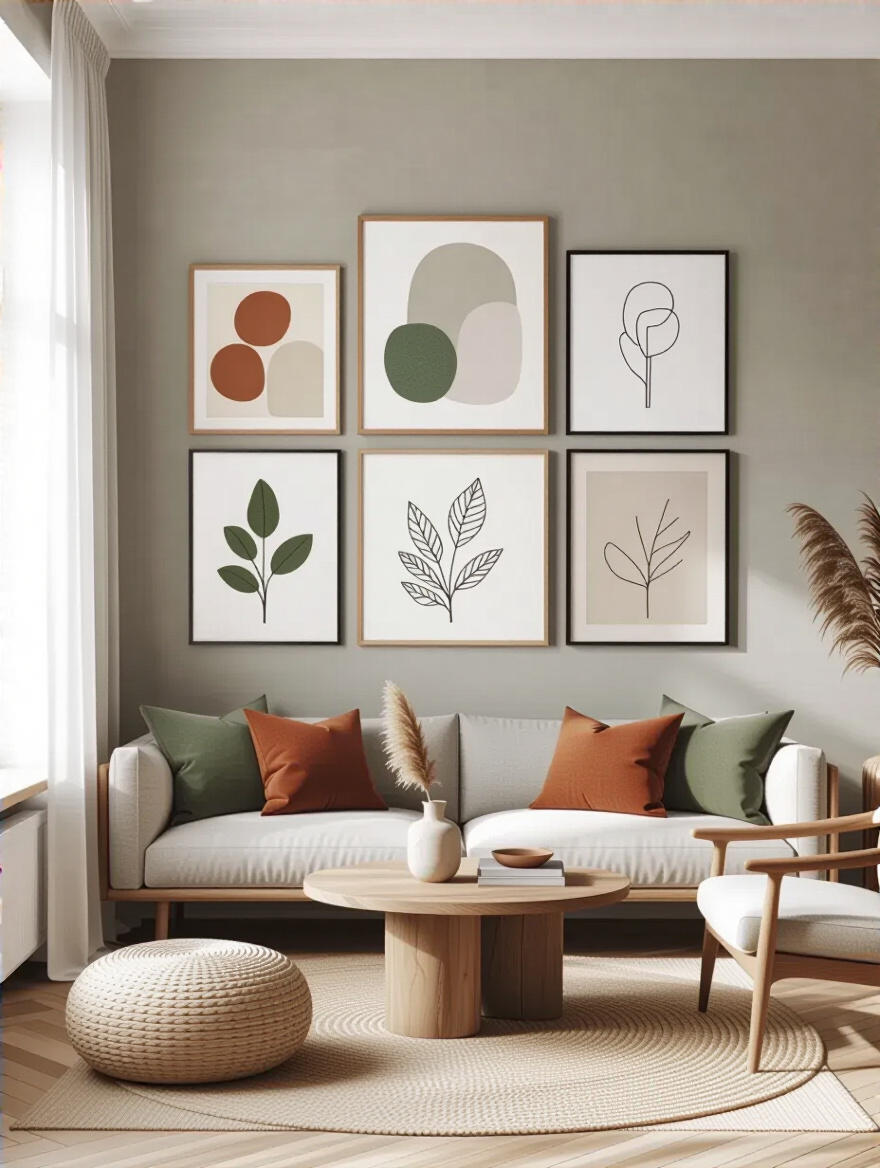 Vertical living room wall with a cohesive gallery in harmonious colors