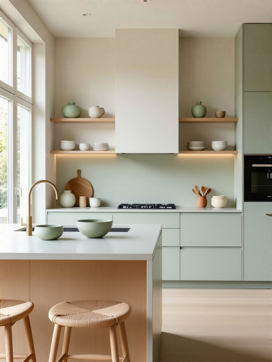 Modern minimalist kitchen with warm white, light grey, and sage green color palette, stone countertops, light wood accents, promoting visual serenity.