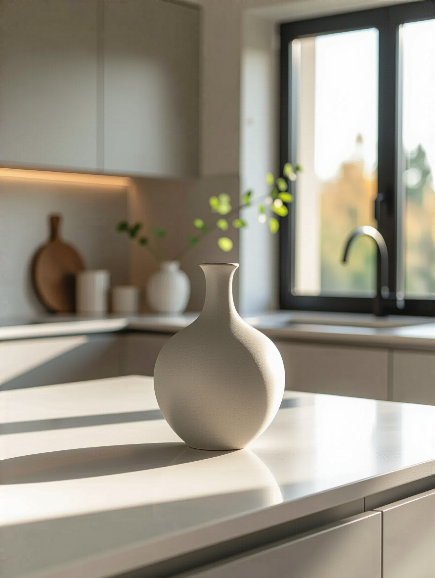 A modern kitchen countertop with a sleek, light grey quartz surface featuring a single, elegant sculptural ceramic vase as a stylish statement piece. Minimalist cabinetry in the background.