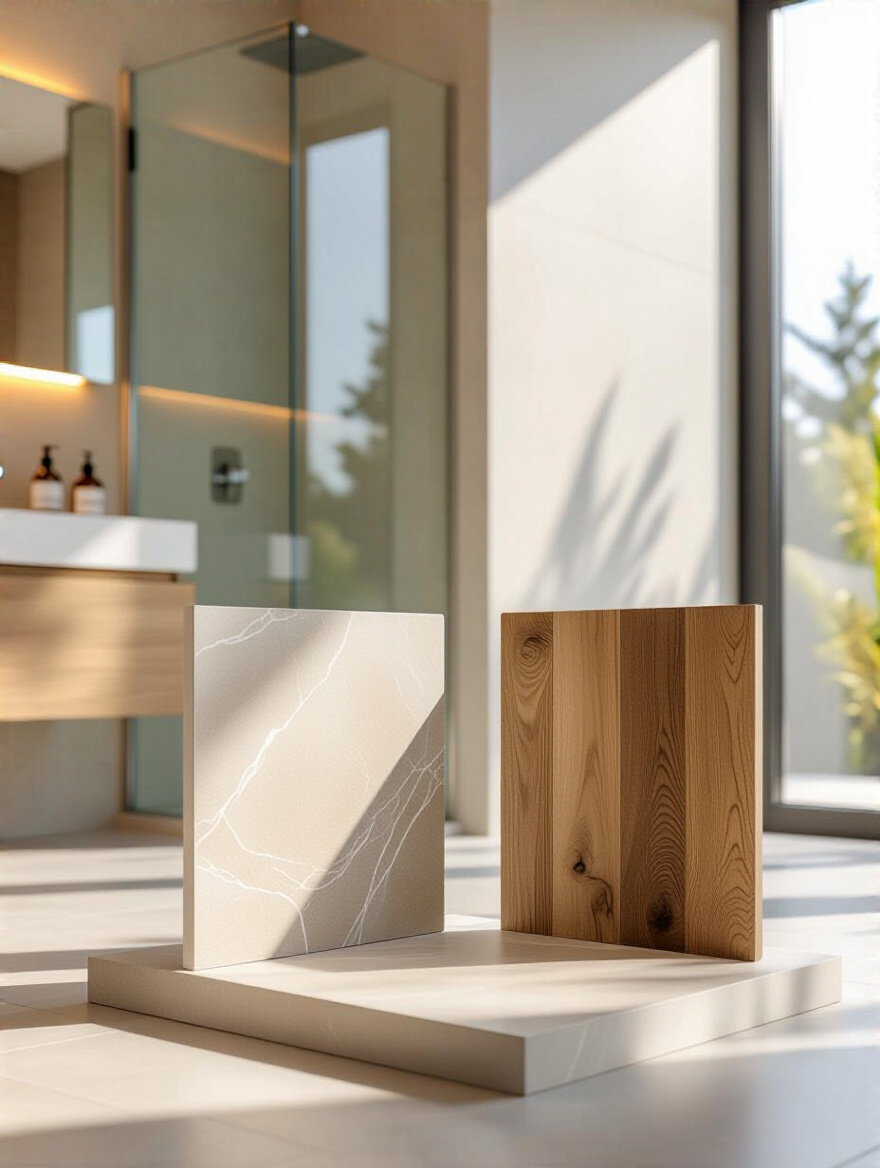 Portrait of bathroom flooring materials samples for traffic and moisture considerations
