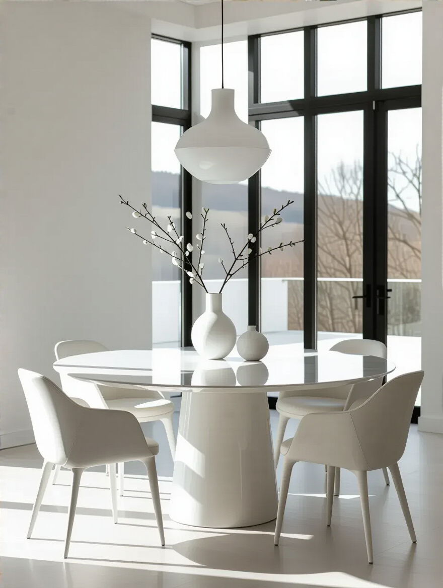 A white dining table showing its material and form in a pristine dining room. Highlighting choice between lacquered wood, sintered stone, or laminate and different table shapes.