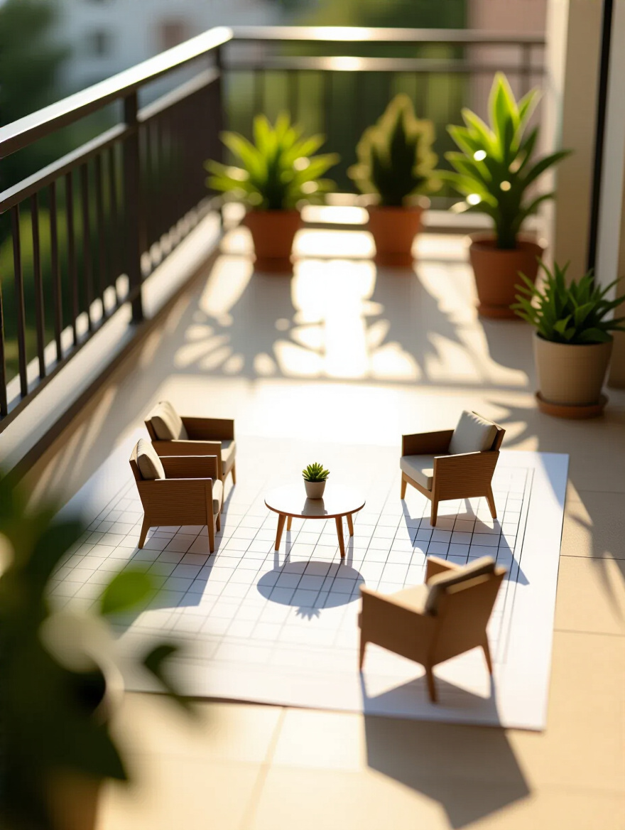 Portrait of balcony planning with graph-paper layout and furniture silhouettes on a scale plan