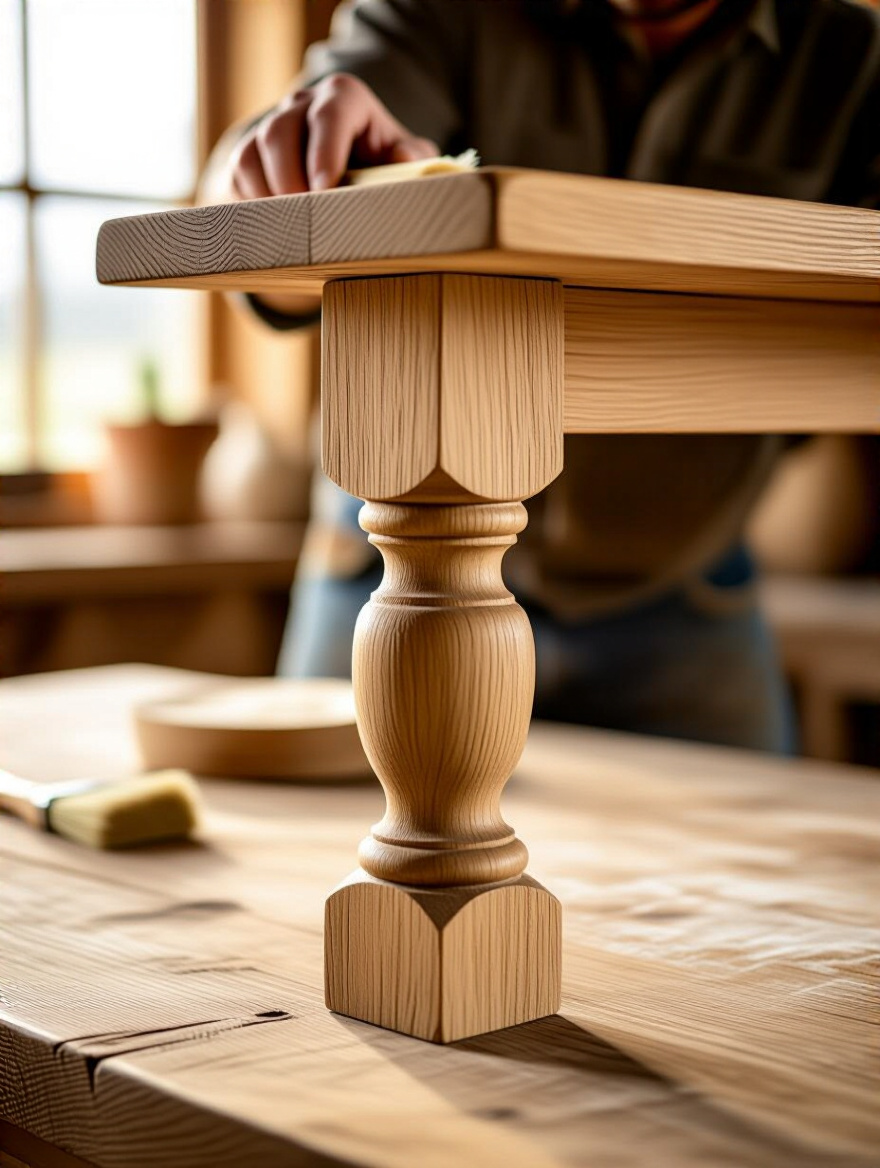 Close-up of a sustainably sourced farmhouse dining table showcasing exquisite craftsmanship and natural wood grain, with artisan tools blurred in the background, symbolizing ethical creation.