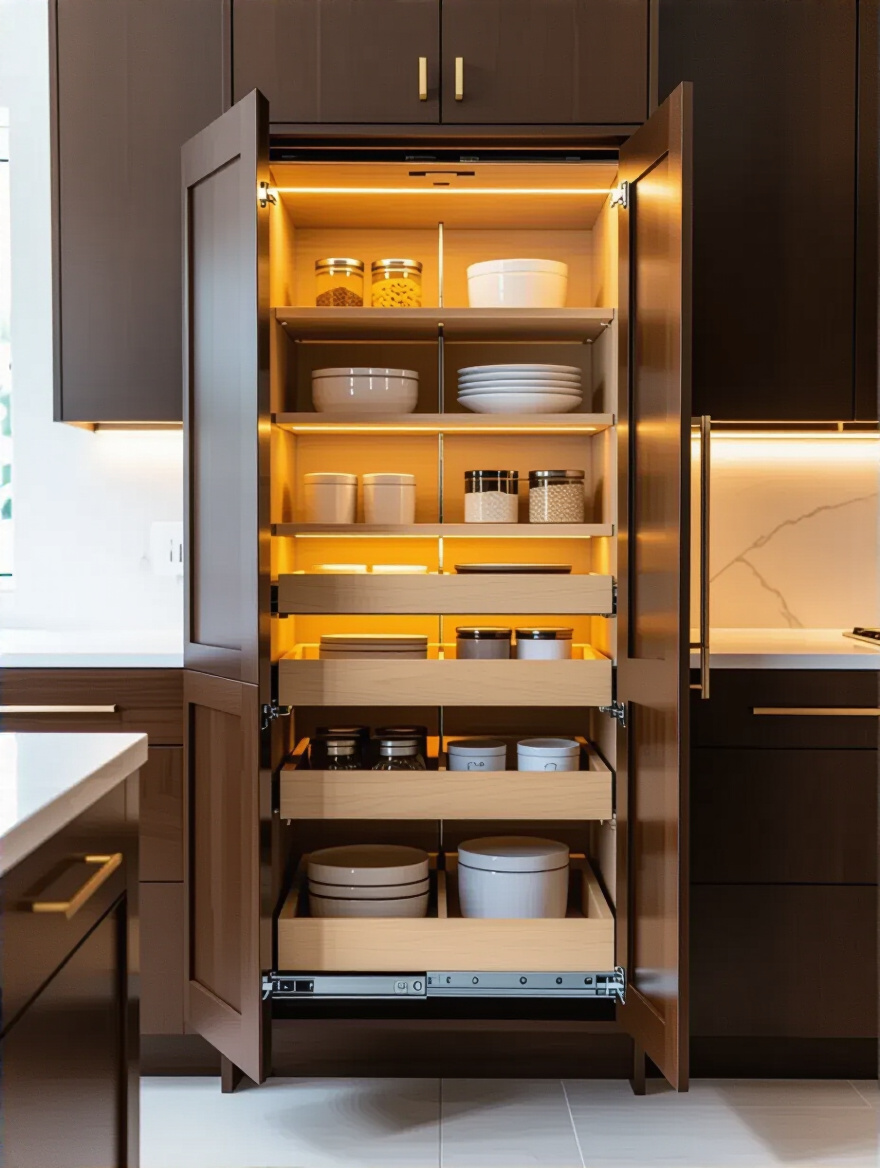 Modern luxury kitchen with open ergonomic pull-out pantry featuring soft-close technology and integrated LED lighting, showcasing smart automated cabinetry.