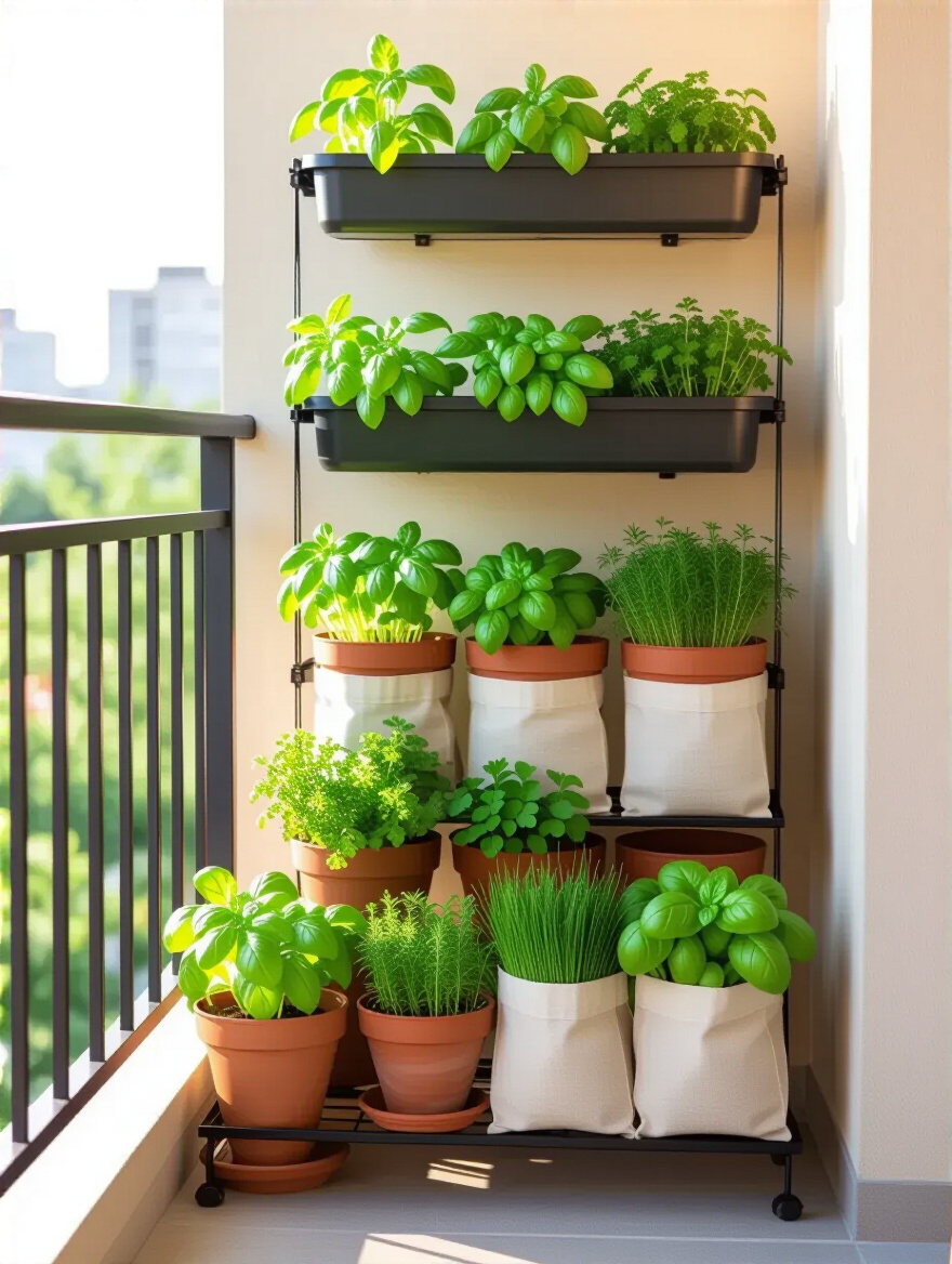 Portrait of a balcony herb garden with vertical planters and greens