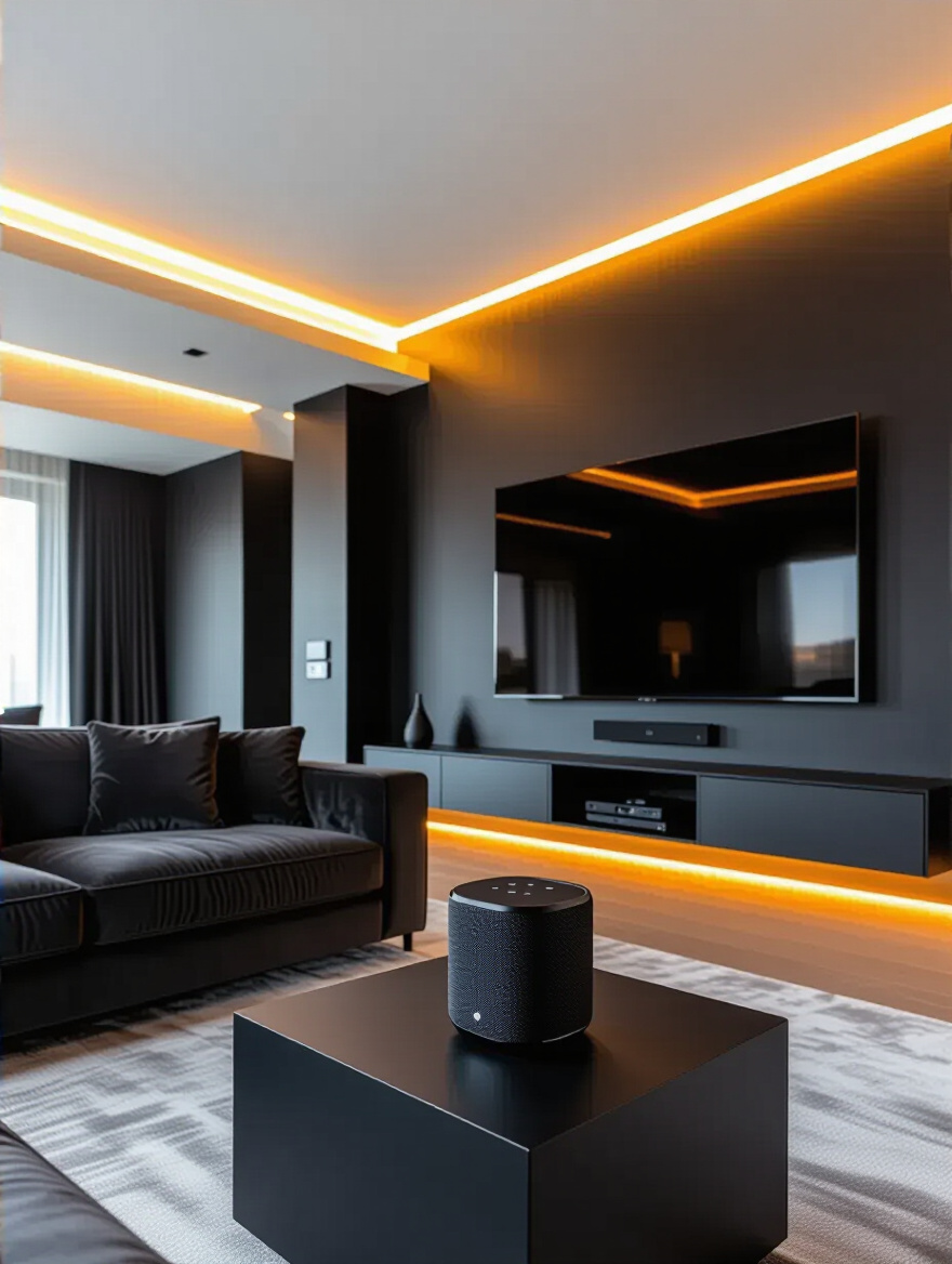 Sophisticated black living room with discreet smart home technology, featuring a matte black smart speaker and subtle ambient lighting.
