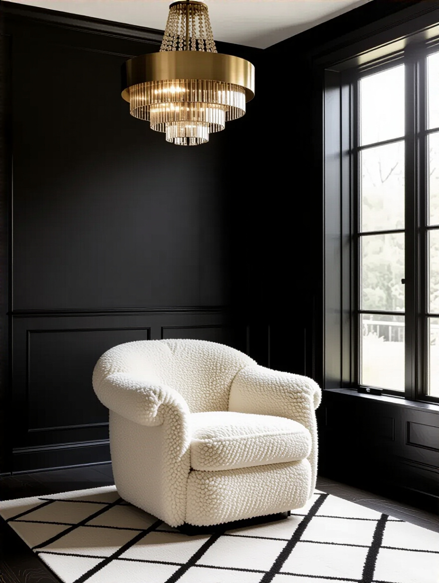 A sleek black living room featuring a plush white accent chair and a gleaming gold chandelier, illustrating high contrast decor to prevent monotony.