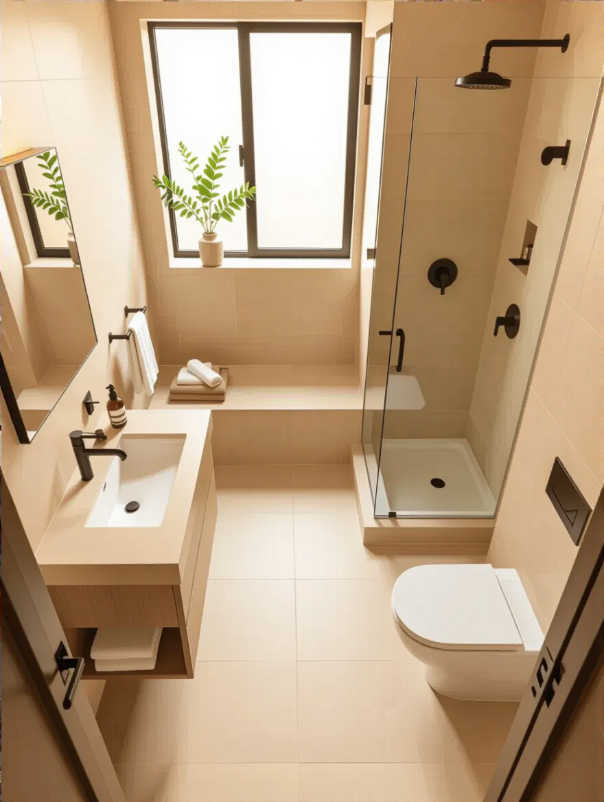 Overhead view of a perfectly planned beige bathroom layout with distinct zones for a vanity, toilet, and walk-in shower, demonstrating optimal flow and spaciousness.