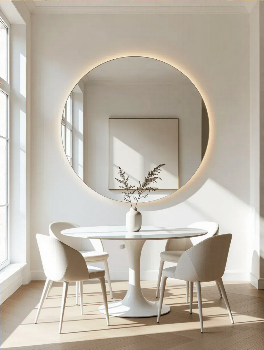Modern white dining room with a large circular mirror reflecting light and abstract art, making the space feel expansive and bright.