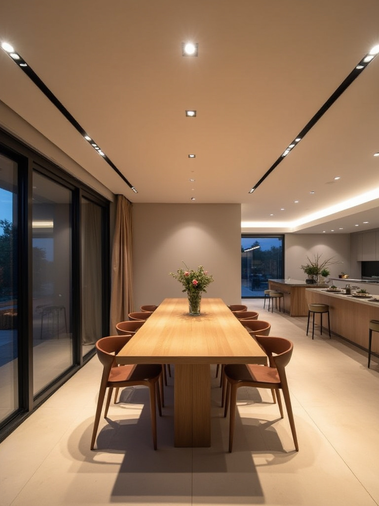 Modern dining room featuring strategically placed recessed LED lights providing even, general illumination across the room, highlighting a clean and uncluttered ceiling aesthetic. Soft, warm light fills the contemporary dining space.