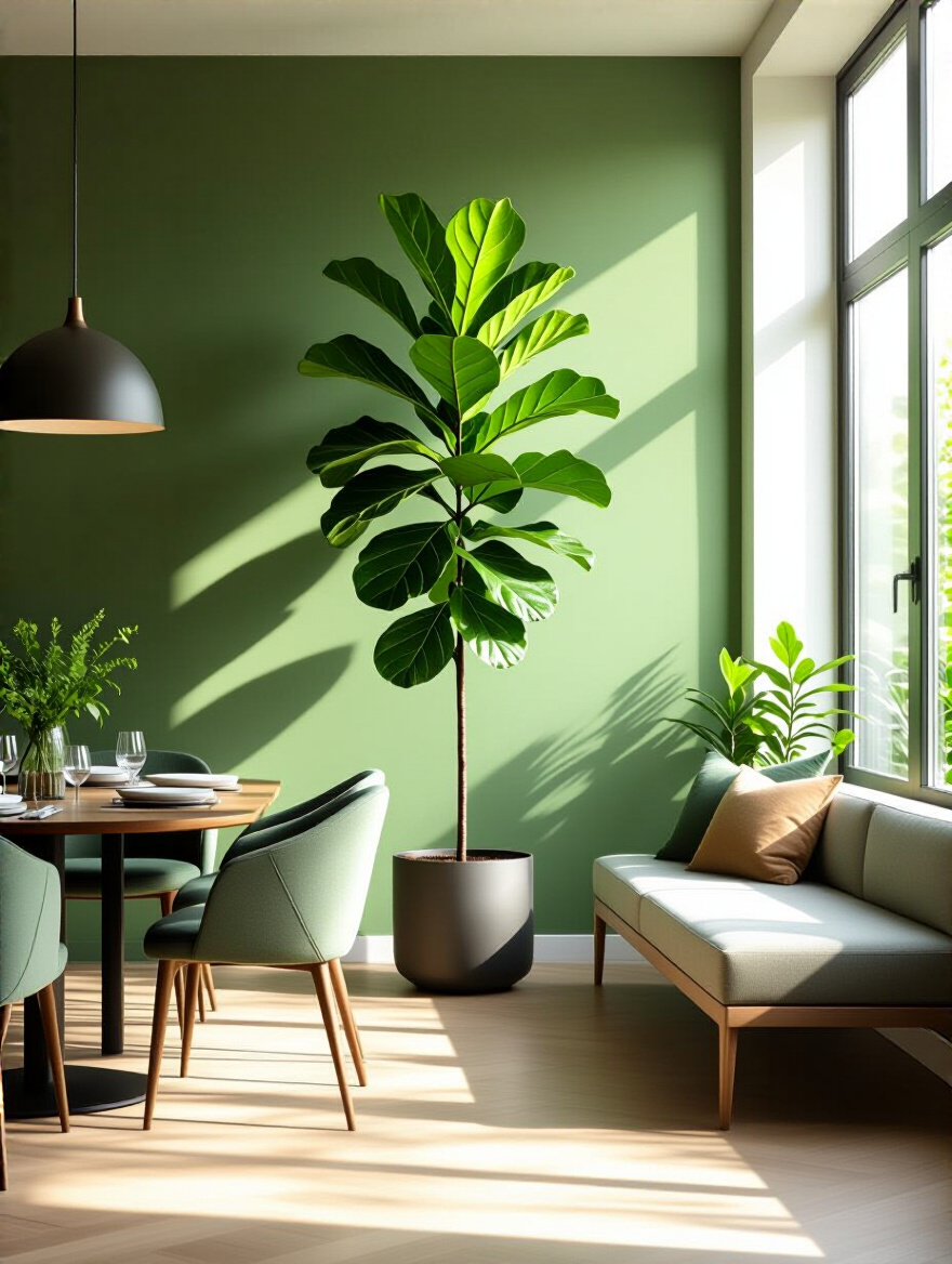 Green dining room with a tall Fiddle Leaf Fig plant used as a natural divider, defining dining space from an adjacent living area. Modern decor, bright, airy.