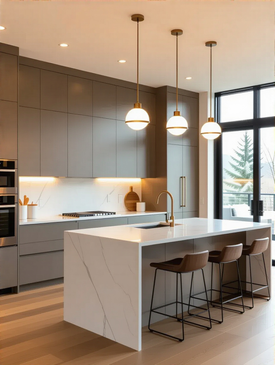 Modern kitchen with layered lighting featuring recessed lights, under-cabinet strips, and decorative pendants, showcasing strategic ambient, task, and accent illumination.