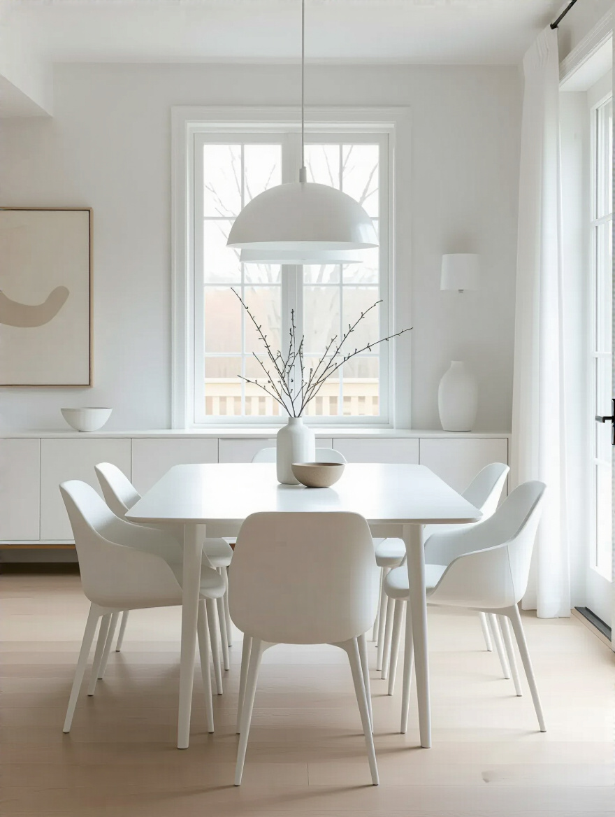 Portrait of a white dining room with flow and functional layout