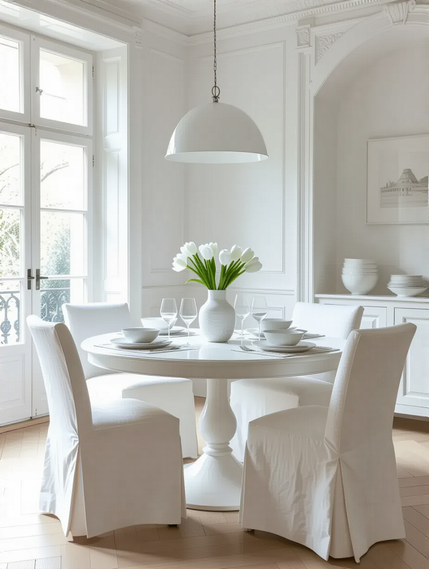 A beautifully composed white dining room with various white furnishings and finishes, illustrating careful budget planning.