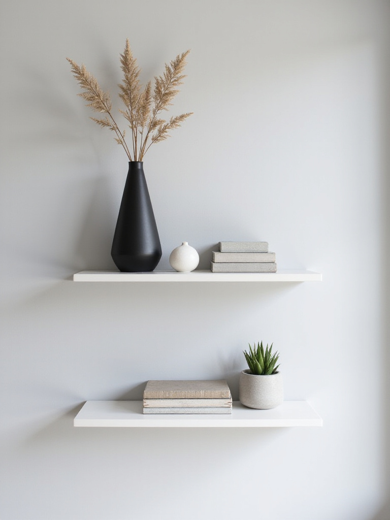 White floating shelves in a modern bedroom, styled with minimalist black vase, sculptural sphere, books, and succulent, against a light gray wall.