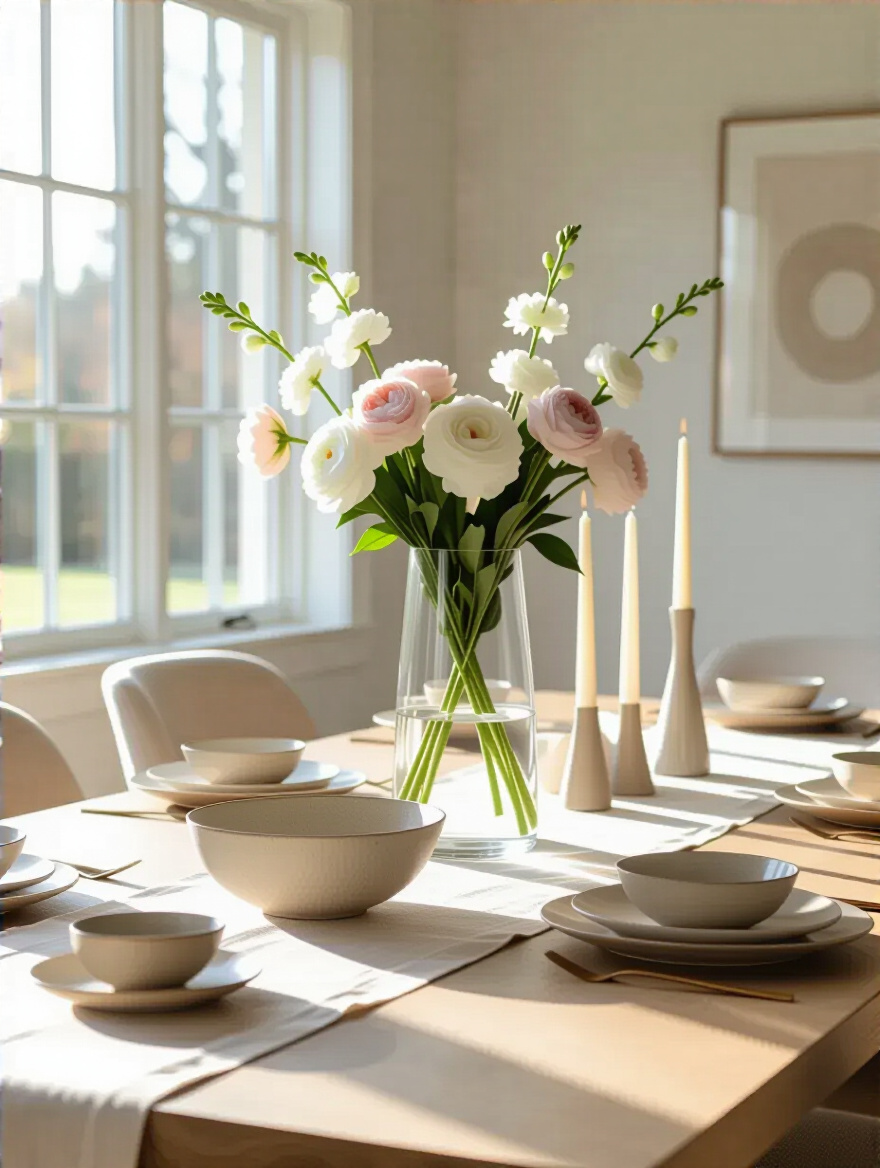 Portrait of a white dining room table styled with a centerpiece and accessories