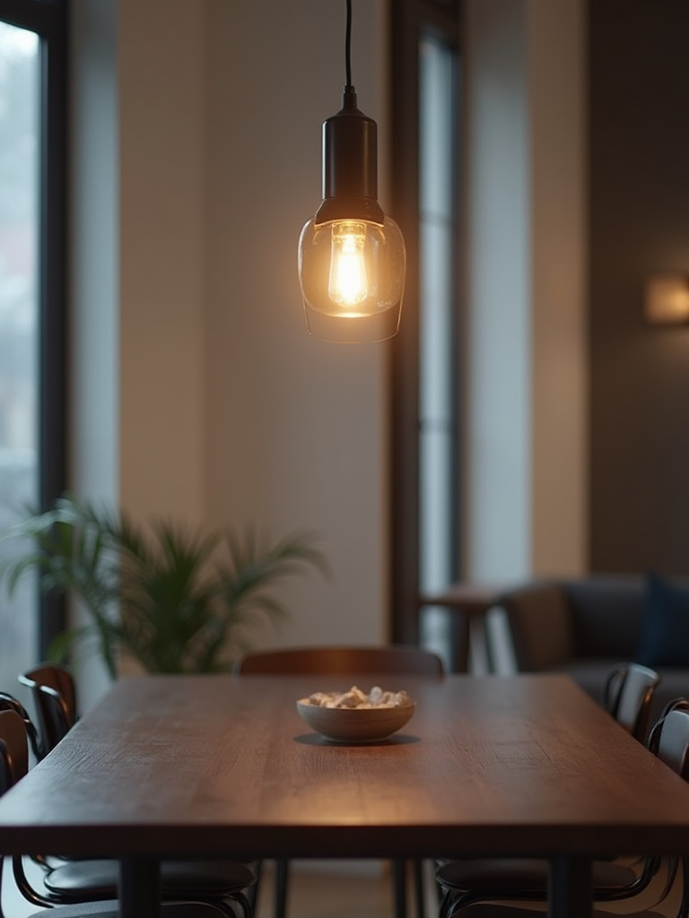 Modern dining room with a sleek pendant light, glowing steadily, symbolizing resolved troubleshooting of lighting issues and a consistent ambiance.