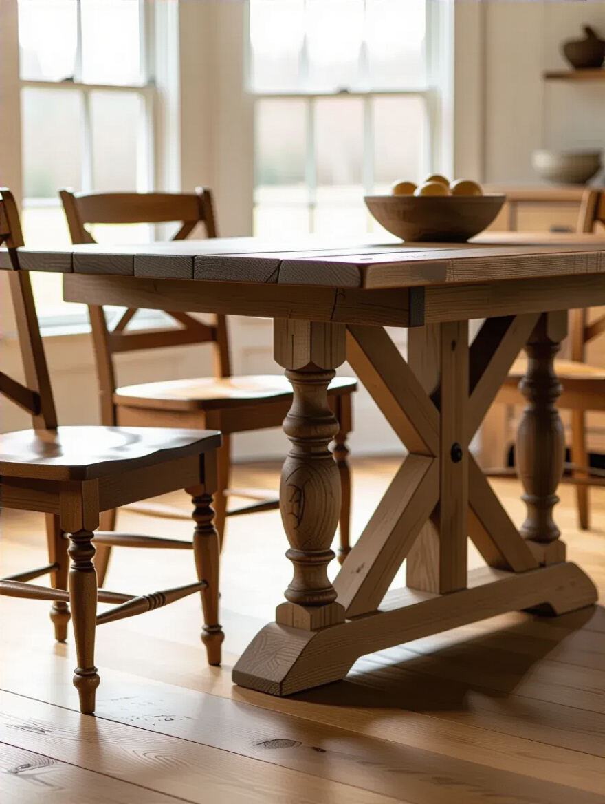 A rustic farmhouse dining table featuring various leg styles, including turned, trestle, and pedestal designs, highlighting stability and visual craftsmanship.