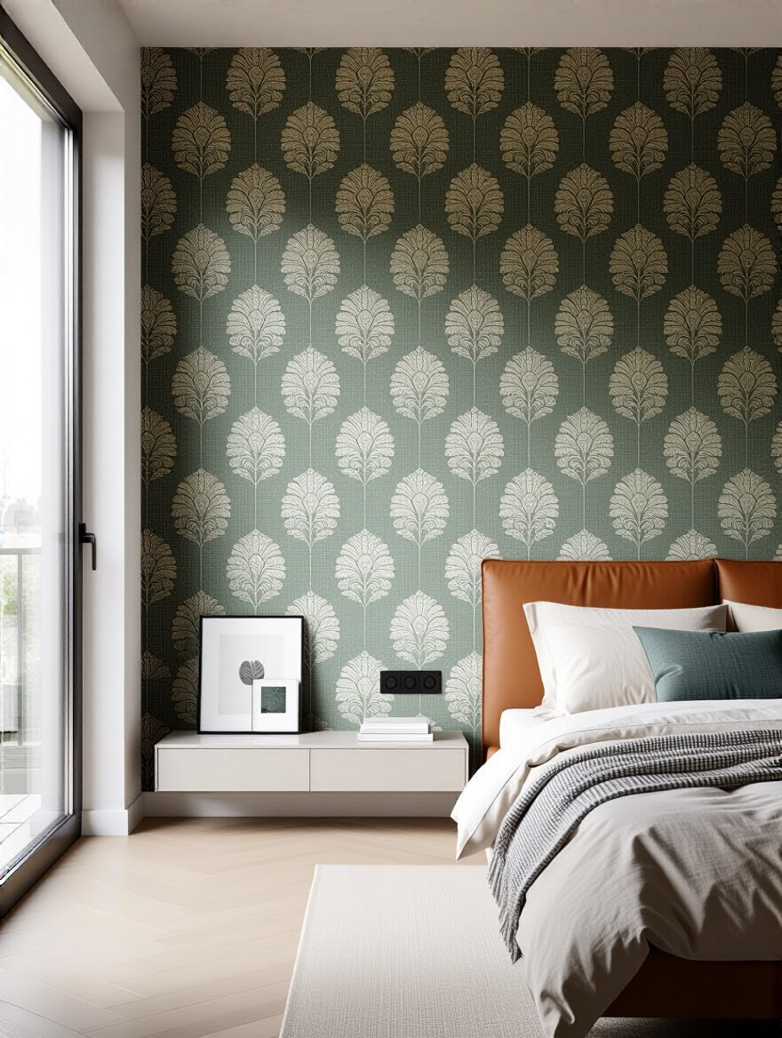 Vertical portrait of a bedroom wall with a repeating wallpaper pattern and a small swatch