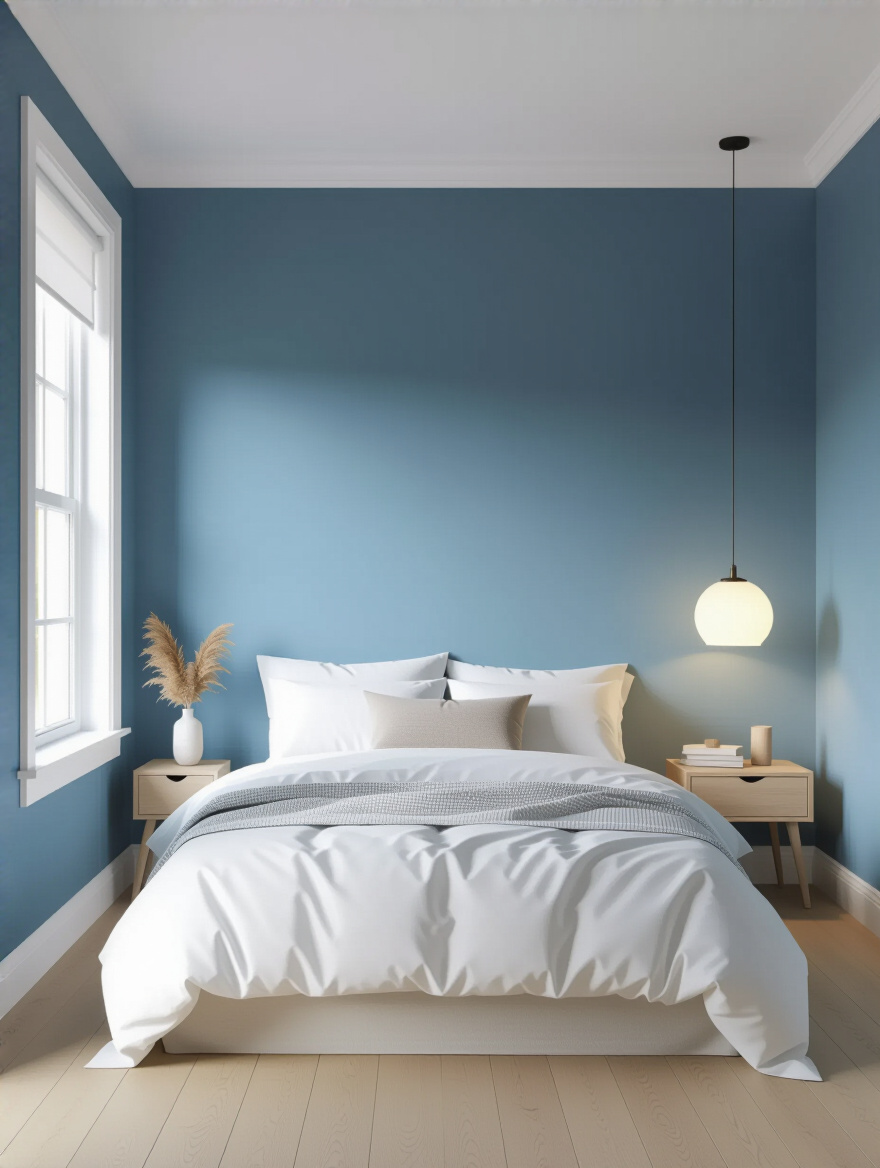 Serene blue bedroom wall showing undertones under varying lighting