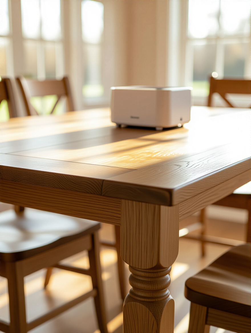 A solid wood farmhouse dining table gleaming in a well-maintained, climate-controlled room, illustrating the longevity preserved by stable environmental conditions.