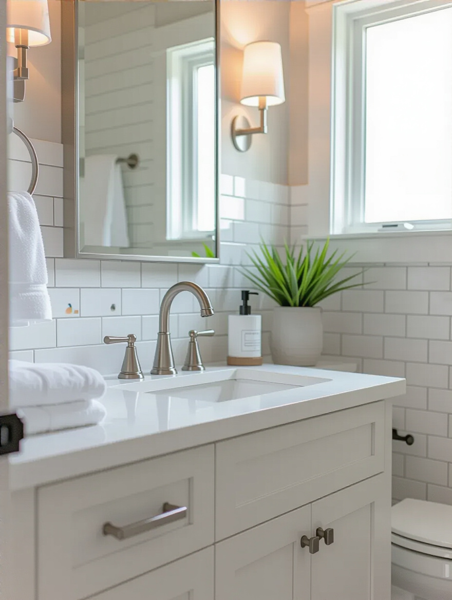 Powder room with cohesive brushed nickel faucets and hardware in a modern design