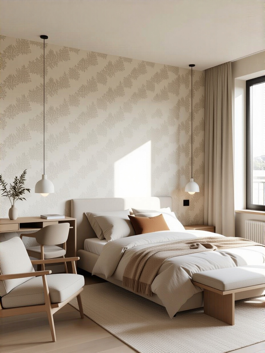 Portrait of a large bedroom showing wallpaper division creating zones (sleep, lounge, and work).