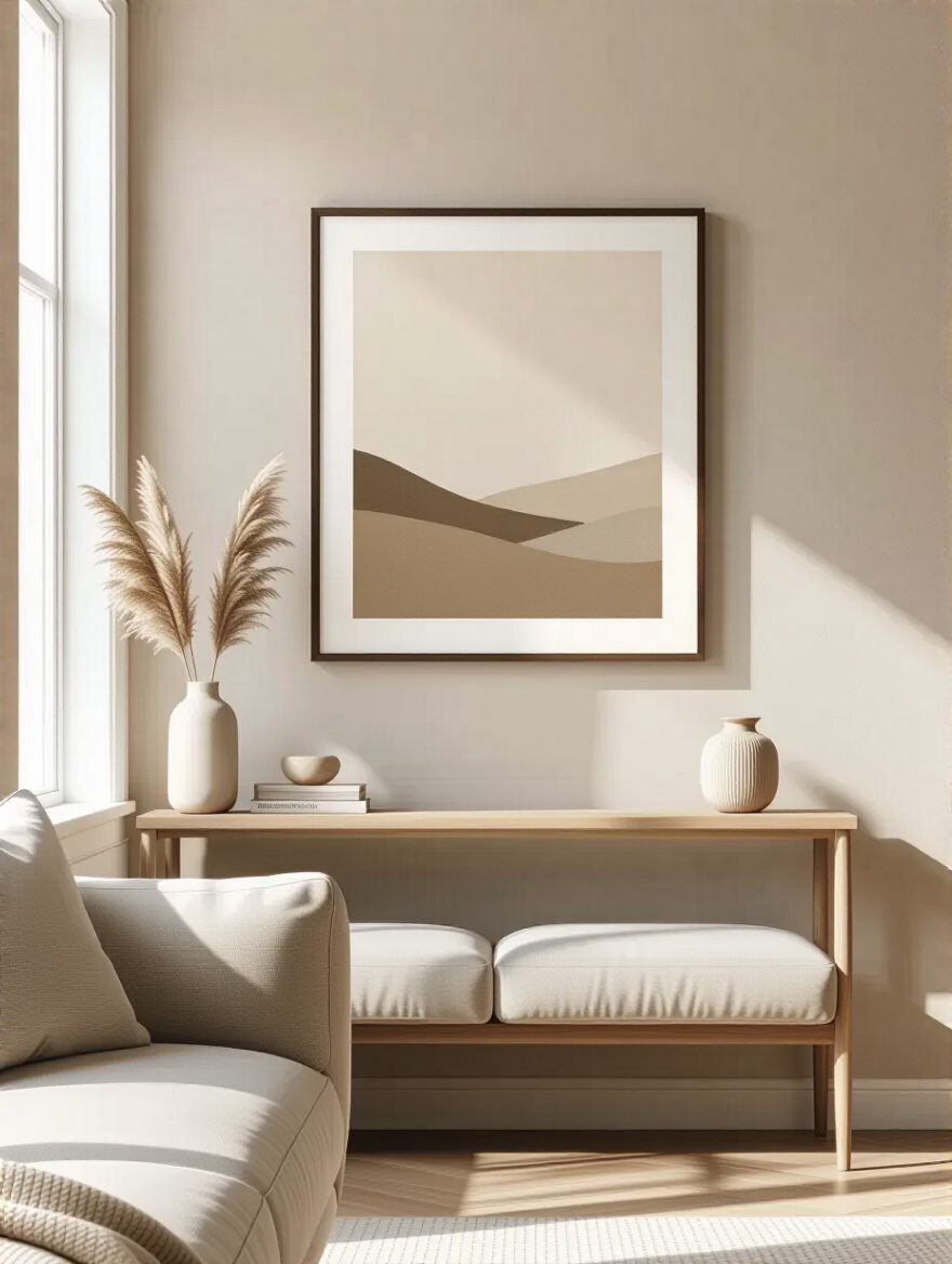 Portrait living room wall art hung at eye level