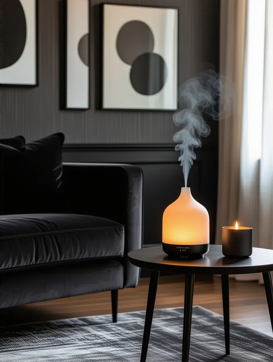 Modern black living room featuring an elegant ultrasonic diffuser emitting a warm glow and a luxury scented candle on a dark wood side table, symbolizing enhanced mood through aromatic scents.