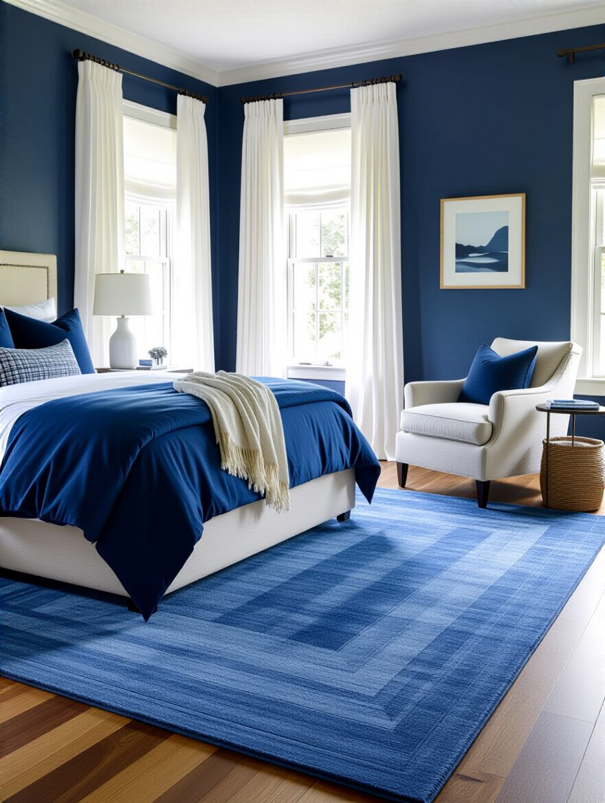 Portrait image of a serene blue bedroom featuring a defining blue area rug under the bed