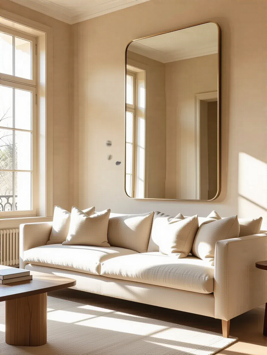 Beige living room with a large wall mirror opposite a window, reflecting natural light and expanding the perceived space, featuring a soft linen sofa and subtle metallic accents.