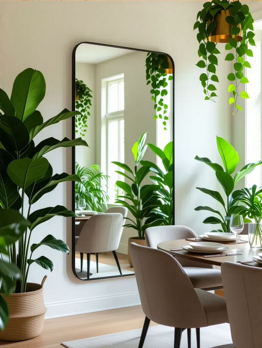 Dining room with large wall mirror reflecting numerous green plants, expanding the perceived space and enhancing natural light.